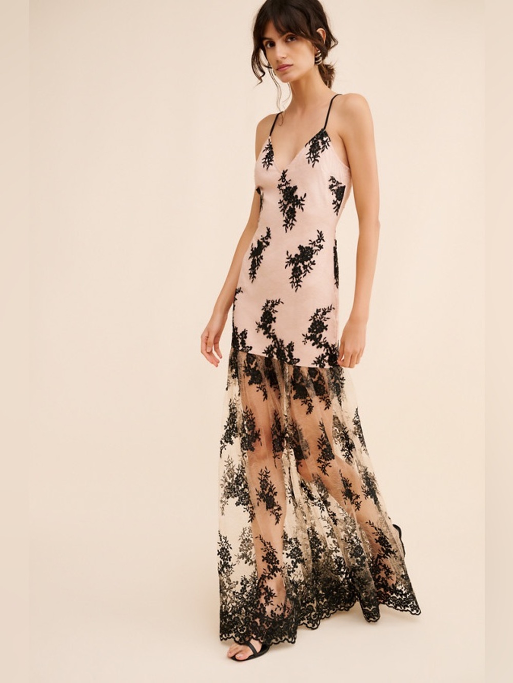 If By Sea Sleeveless Floral Maxi Dress - Beige/Black Lace